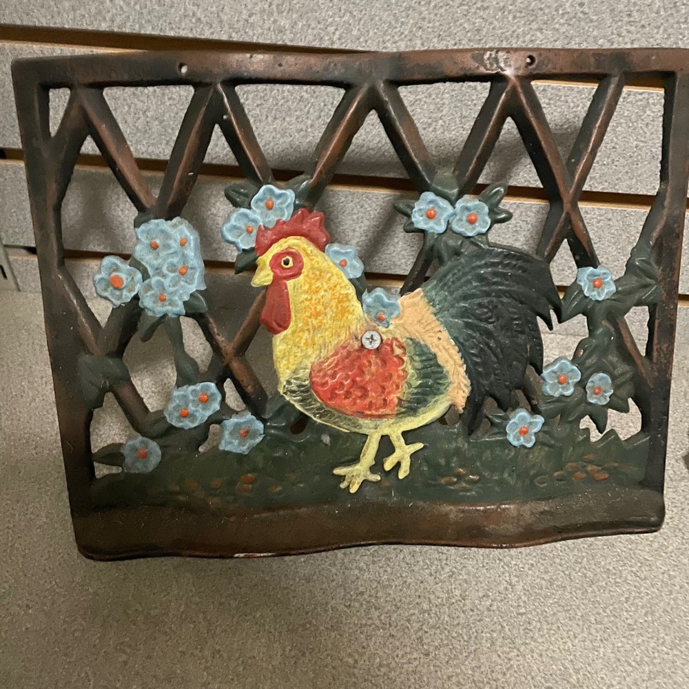 Cast Iron Rooster Garden Art Decor Fence Panel Rustic Farmhouse Cookbook Holder